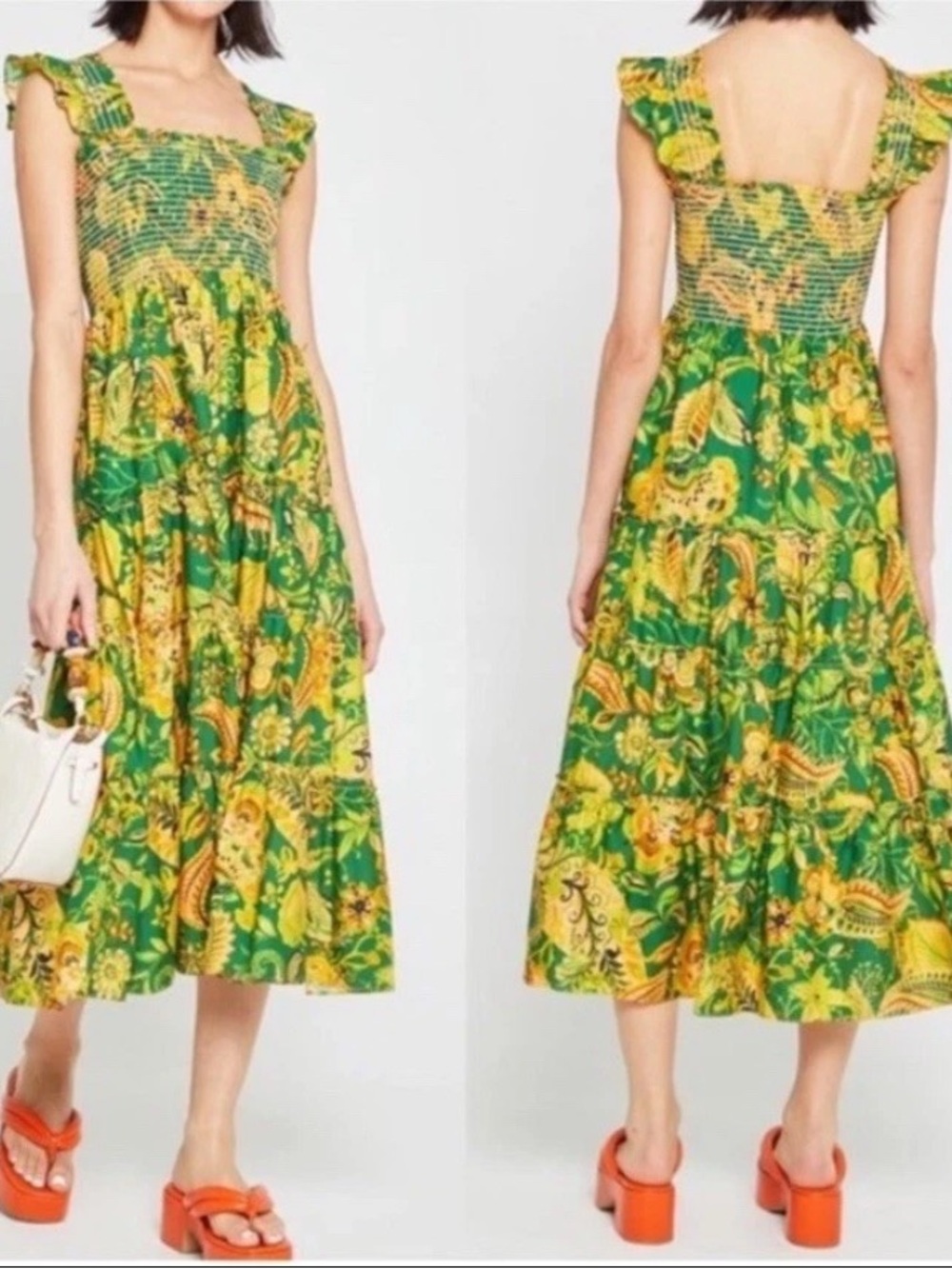 Kourt Calypso Paisley Green and Yellow Flutter Sleeve Smocked Midi Dress